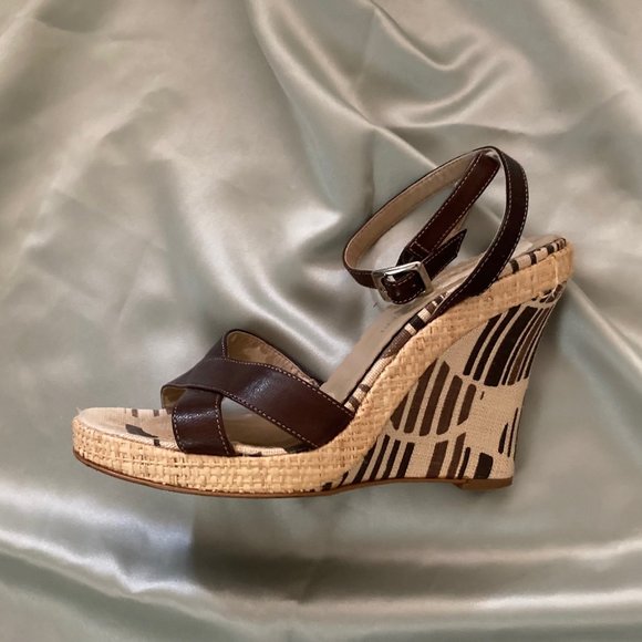 Franco Barbieri Shoes - Franco Barbieri Brown Beige Canvas Raffia Leather Wedge AnkleStrp Sandals Size 6